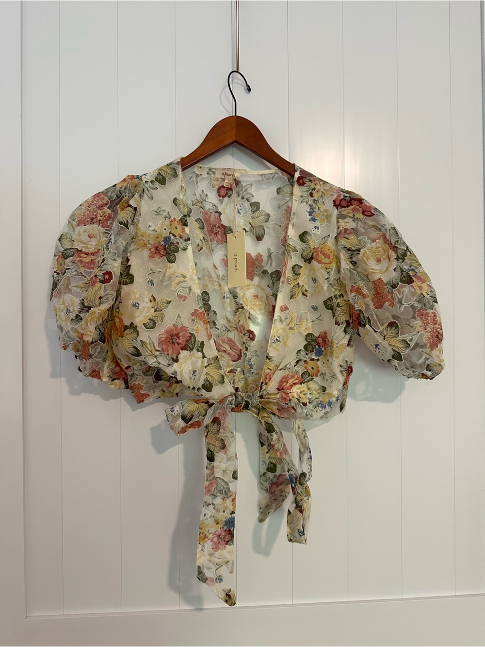 Sheer Cream Floral Tie-Front Puff Sleeve Crop Top